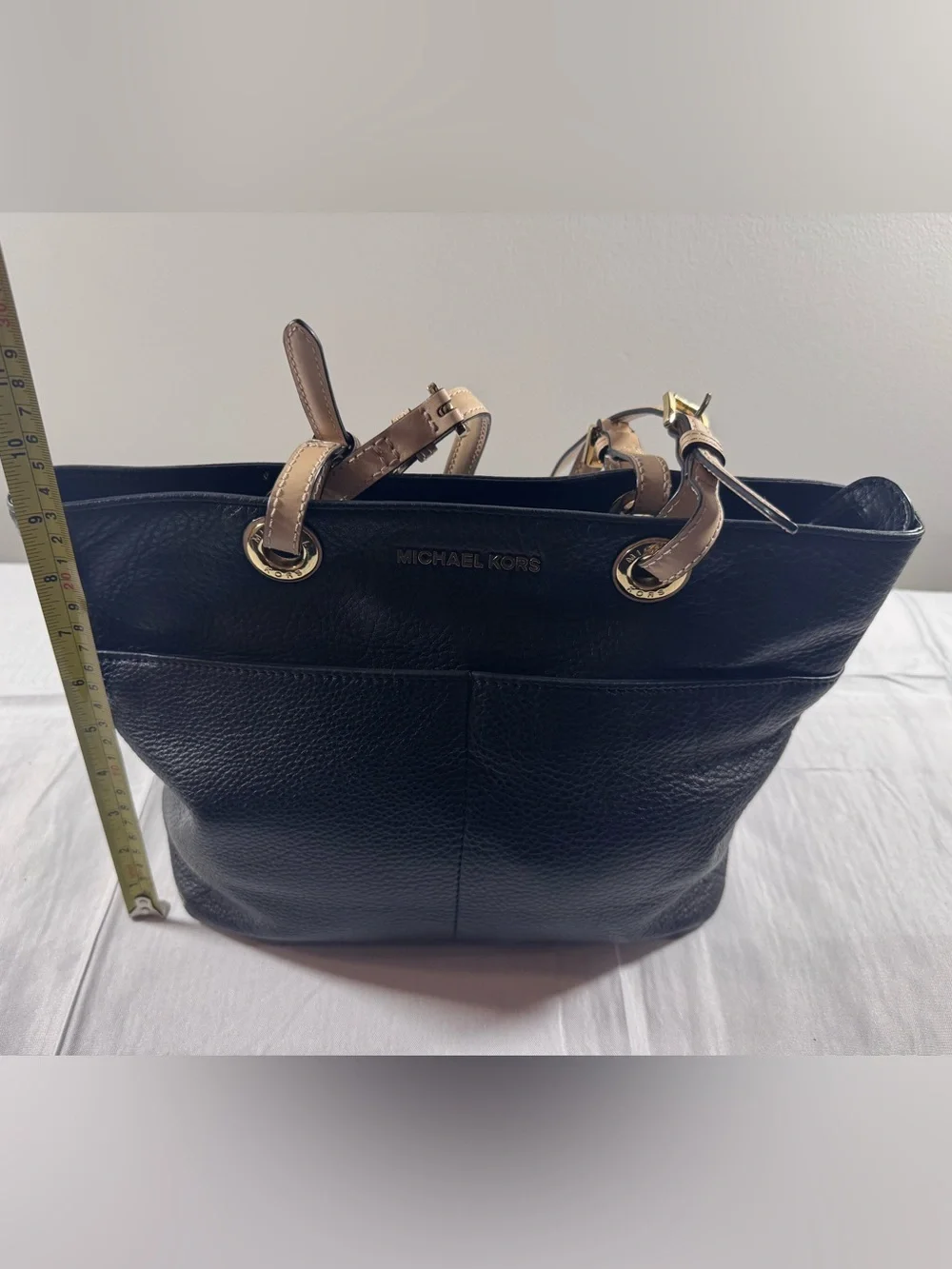 Michael Kors Bedford Black Pebbled Leather Tote with Tan Trim
